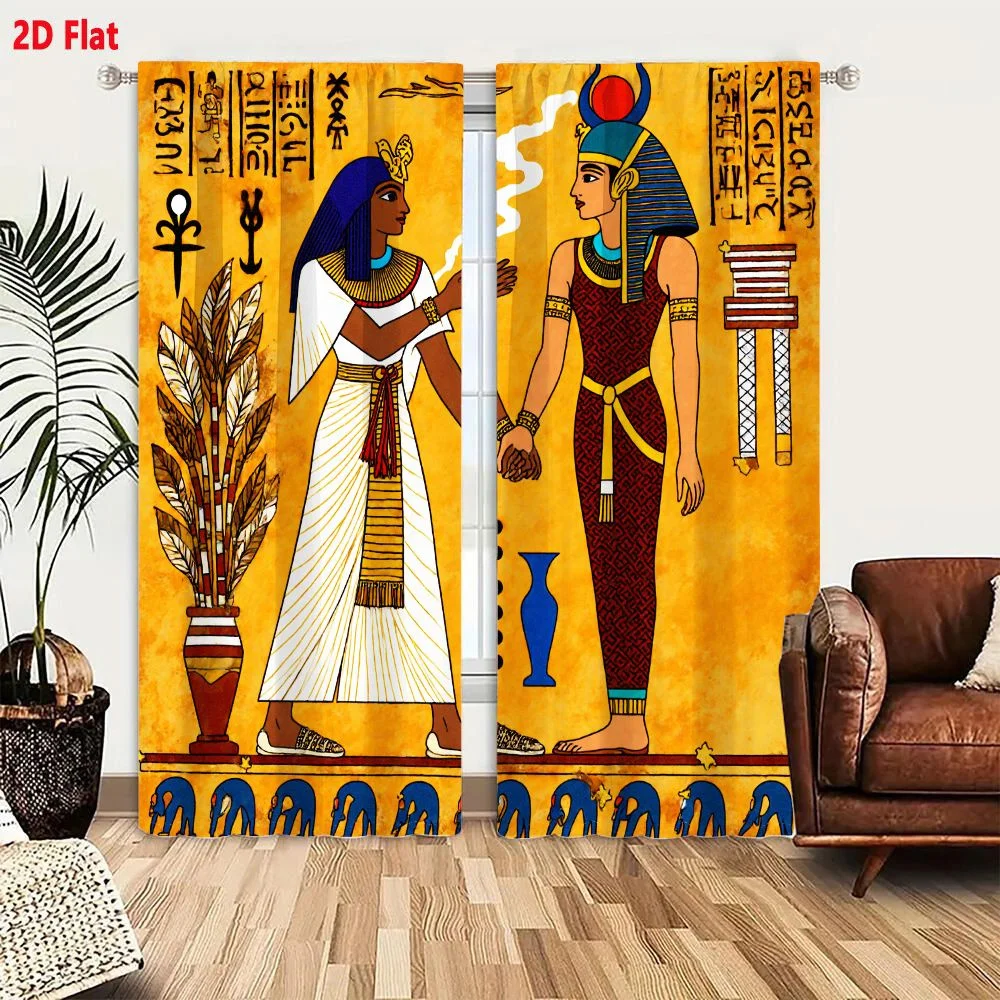 2Pcs Curtains 2D Flat Cartoonish Ancient Egyptian Art Illustration: Central Figures in Traditional Attire with Hieroglyphs & Mot