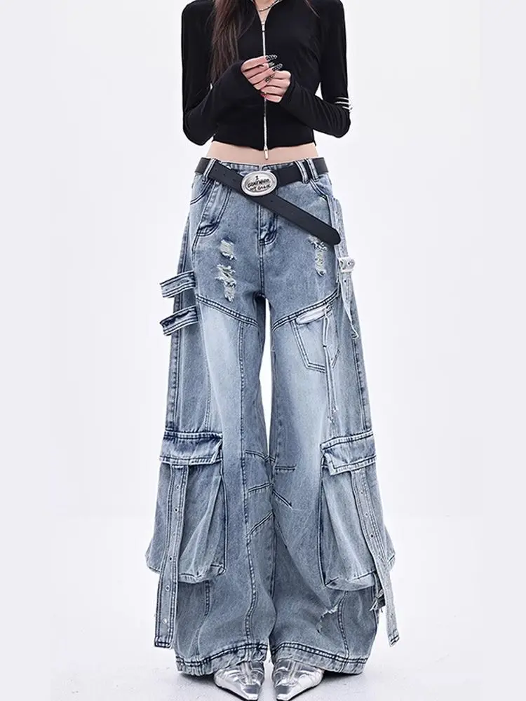 

American High Street Jeans High Waist Hole Pockets Patchwork Design Cargo Pants Y2k Harajuku Vintage Casual Loose Women Clothing