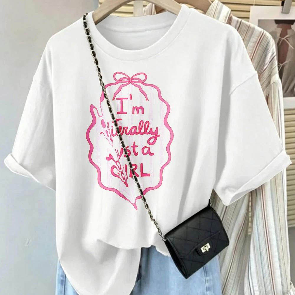 I'm Literally Just A Girl Graphic T Shirt Pink Bow Striped Text Print Short Sleeve Tee Soft Cotton Loose Fit Y2K