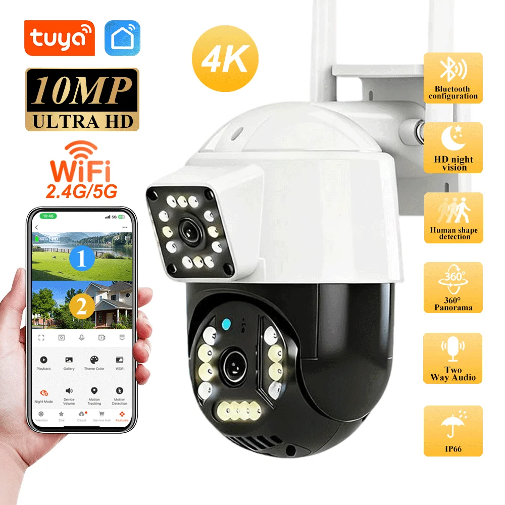 

Tuya 10MP 4k двойной объектив двойной экран Wi-Fi камера PTZ уличная водонепроницаемая защита дома полноцветное наблюдение ночного видения