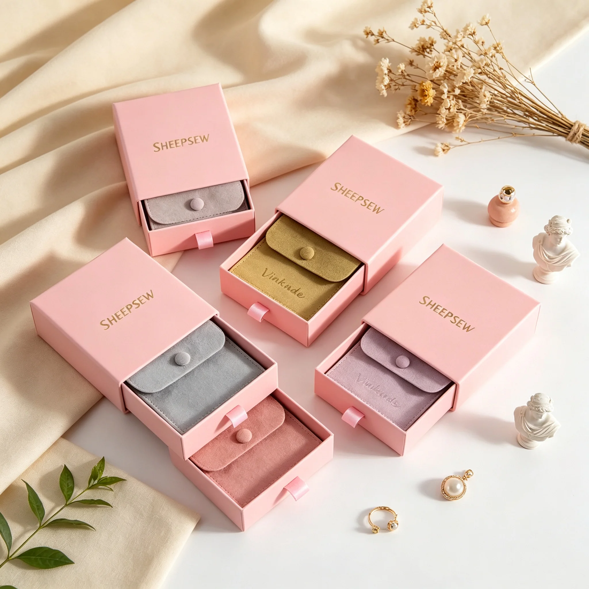 SHEEPSEW Custom 9x9x3.2cm Sliding Drawer Jewelry Box with 8x8cm Microfiber Envelope Snap Pouch, Necklace Earring Wedding Gift Pa