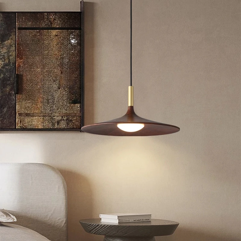 

Chinese Solid Wood Pendant Light Restaurant UFO Ceiling Lamp Black Walnut Bedroom Bedside Bar Counter Three Headed Chandelier