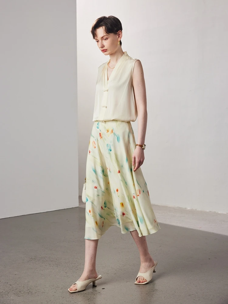 Birdtree,14MM 100% Real Silk Print Skirt,Double-layer,Women Double Crepe Elegant Casual Chic Skirts,2026 Spring New D61806JF