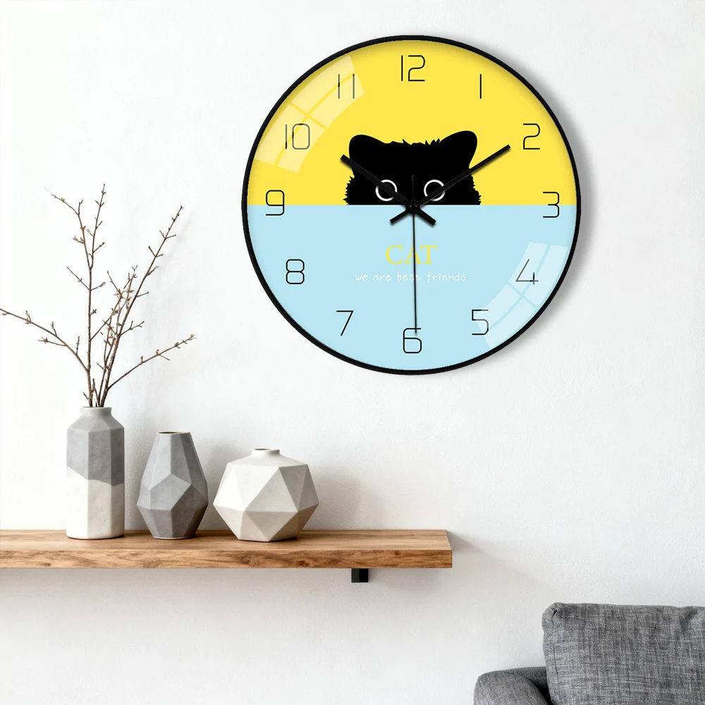 Cute Black Animal Wall Clock Color Blocking Design Silent Movement Luxury Decor For Bedroom Living Room 8/10/12 Inch