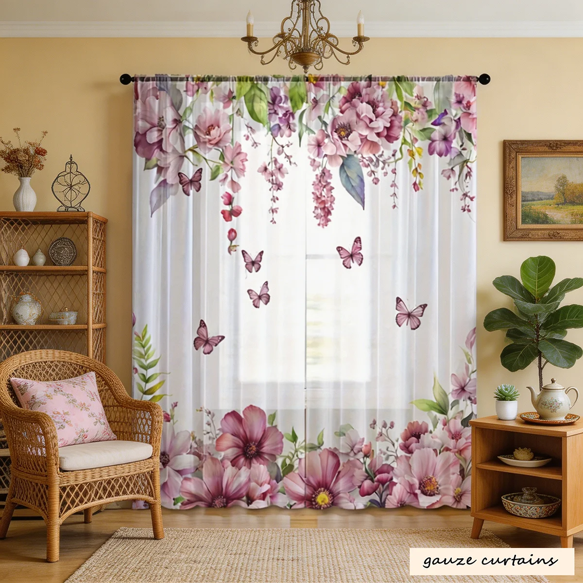 2PCS Watercolor Pink & Purple Floral Butterfly Print Sheer Gauze Curtains for Bedroom Living Room Decor