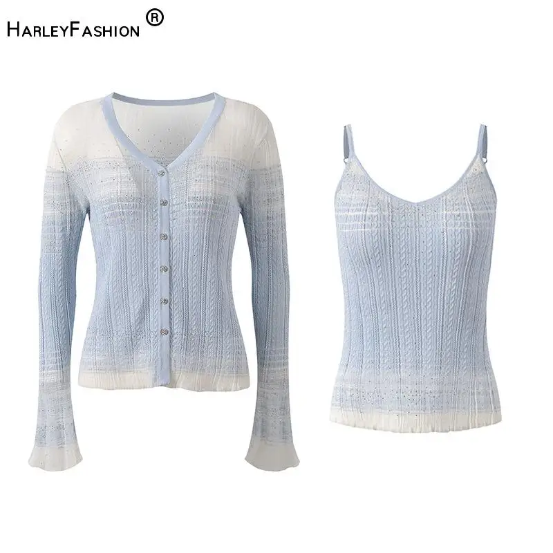 Lady Summer Gradient Color V-neck Flared Long Sleeve Single-breasted Tops With Slips Vest Women Hotfix Rhinestone Knits Cardigan