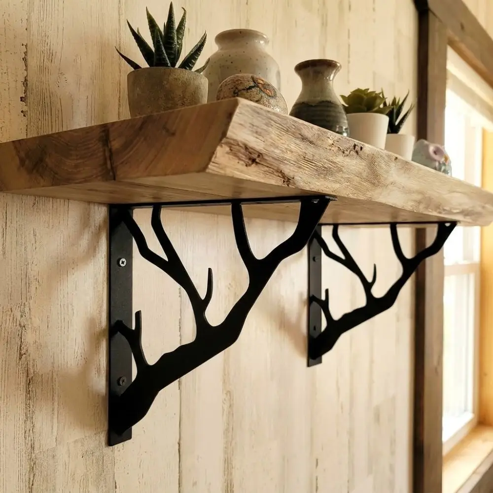 2Pcs Tree Shaped Metal Shelf Brackets Cast Iron Heavy-Duty Wall Mounted Brackets Thickened Triangular