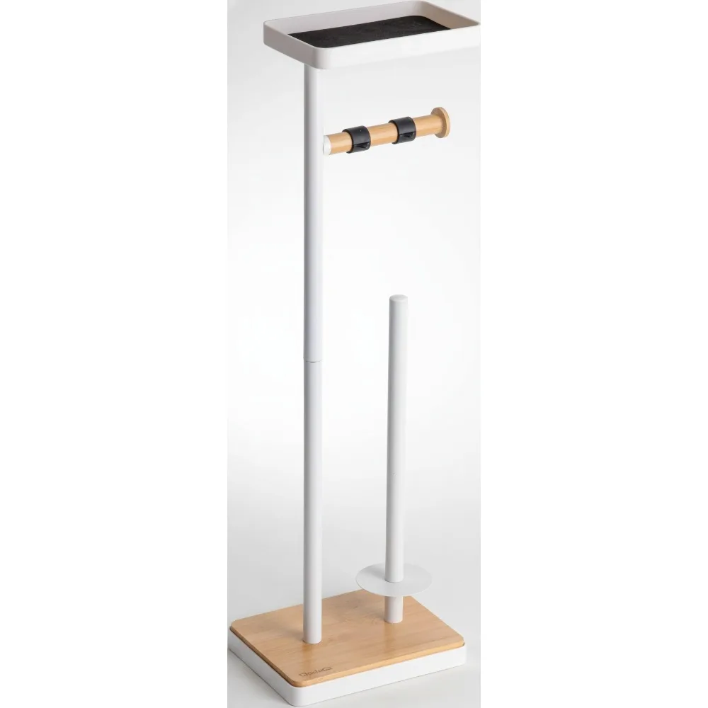 

Freestanding Toilet Paper Holder Stand with Storage Shelf, Weighted Bamboo Base for Bathroom Organization