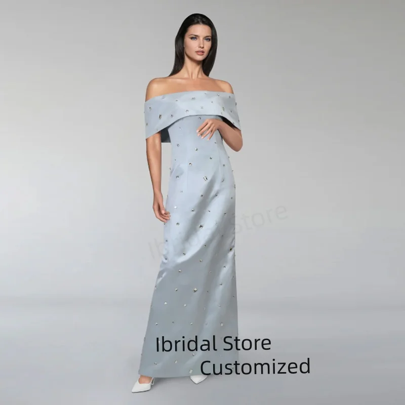 

Customized Light Blue Off Shoulder Evening Dress Shiny Crystal Modest Women Saudi Arabia Wedding Party Dress Prom Dress