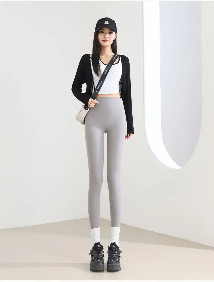 กางเกงเลกกิ้งผู้หญิงสีขาวทรงเข้ารูปสำหรับออกกำลังกาย กางเกงขายาวทรงสปอร์ต ซิปหลัง กระชับรูปร่าง ใส่ทำงานได้ เนื้อผ้านุ่มฟู เหมาะกับฤดูใบไม้ร่วง เอวสูง