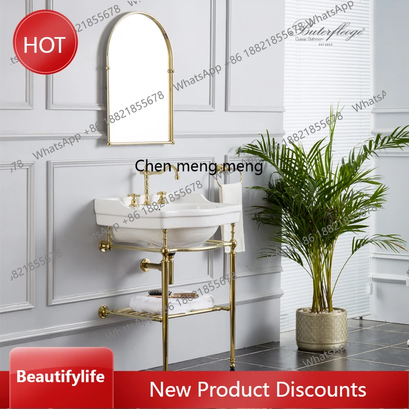 

zq10 New retro brass double-layer bracket wash basin set, gold bathroom floor-to-ceiling wall customization