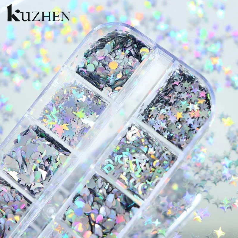 12 Siatek Brokatu do Paznokci Srebrne Gwiazdki Wzory Serca Laserowy Brokat do Paznokci Efekt Flash Ozdoby do Paznokci DIY Narzędzia do Manicure