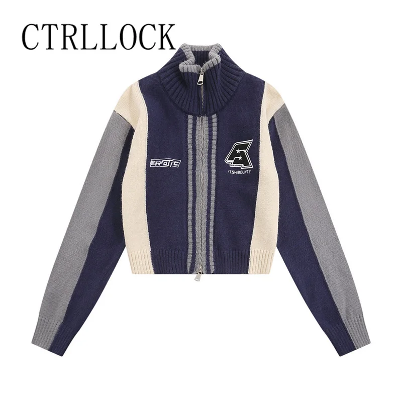 

CTRLLOCK Streetwear Embroidery Letters Short Cardigan Women's Stand Collar Zipper Knitted Sweater