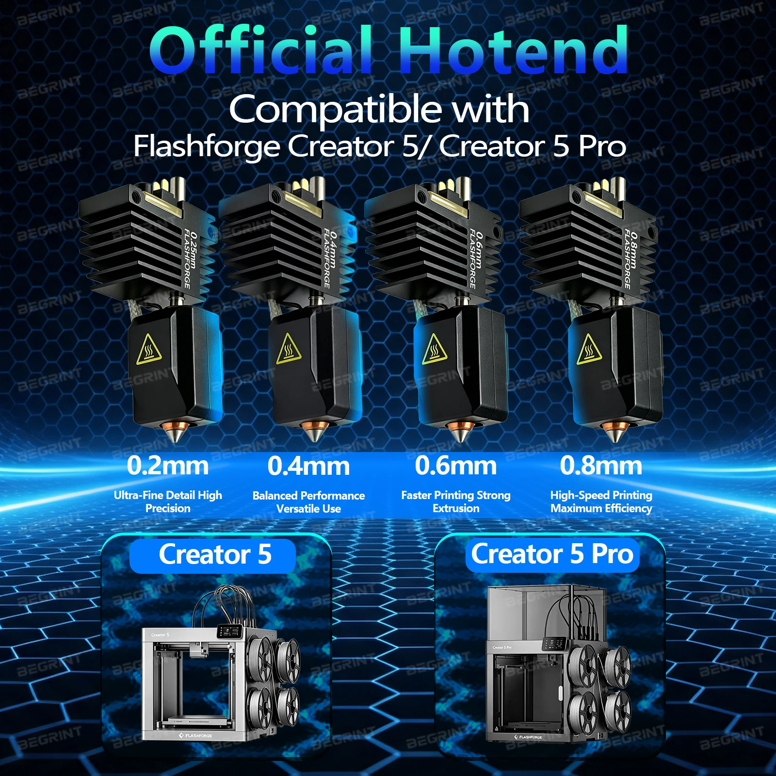 Original Hotend Kit for Flashforge Creator 5 / Creator 5 Pro 0.25/0.4/0.6/0.8mm Extruder Print Head Nozzle Assembly 3D Printer
