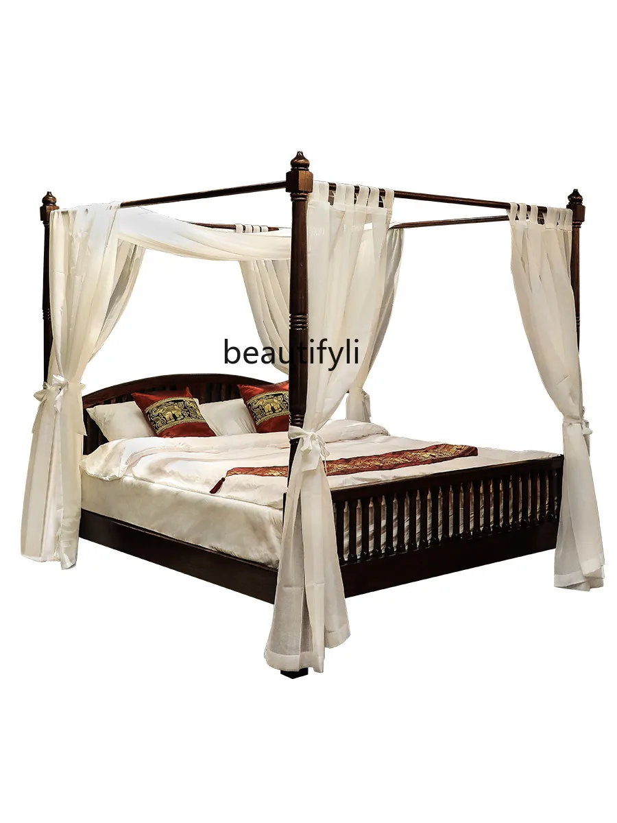 

Elm Carved Bed Retro Domestic Master Bedroom Double Bed Marriage Bed Thai Furniture