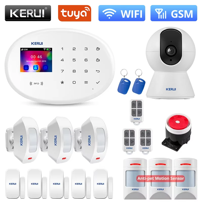 

KERUI W202 Tuya WIFI GSM сигнализация Комплект охранной сигнализации для умного дома RFID APP Дистанционное управление с датчиком движения против домашних животных