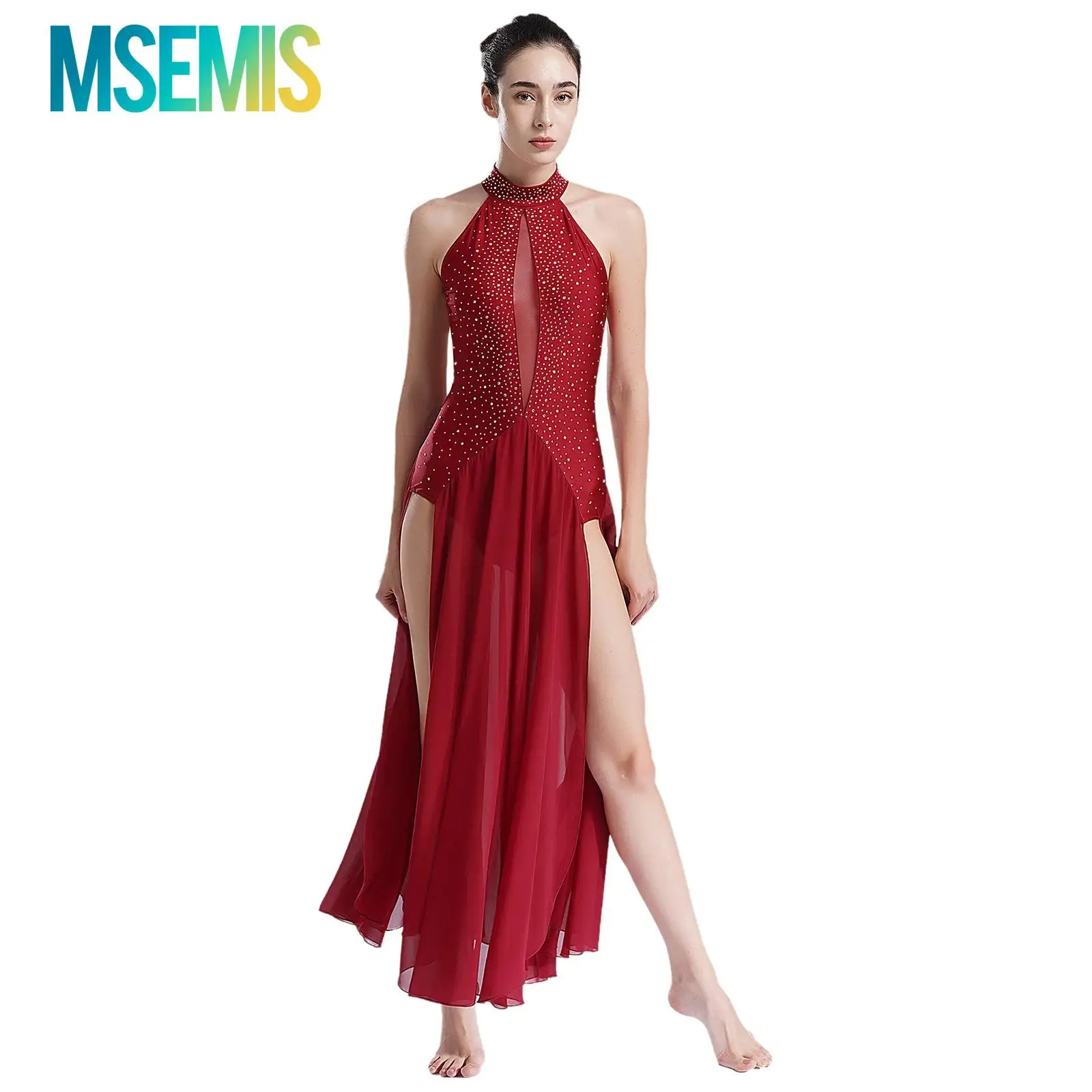 Womens Gymnastics Leotard Ballet Lyrical Modern Dance Contemporary Costume Halter Strappy Back Shiny Rhinestones Split Dress