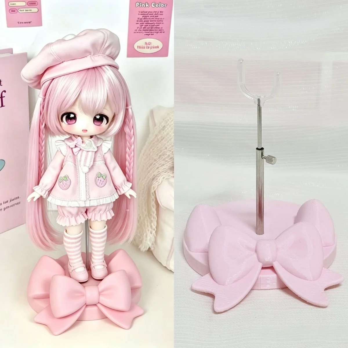1/8 1/12 3D Printed BJD Doll Display Stand Cartoon Pink Bow Base Doll Support Stand Auxiliary Standing Holder For BJD Doll OB11