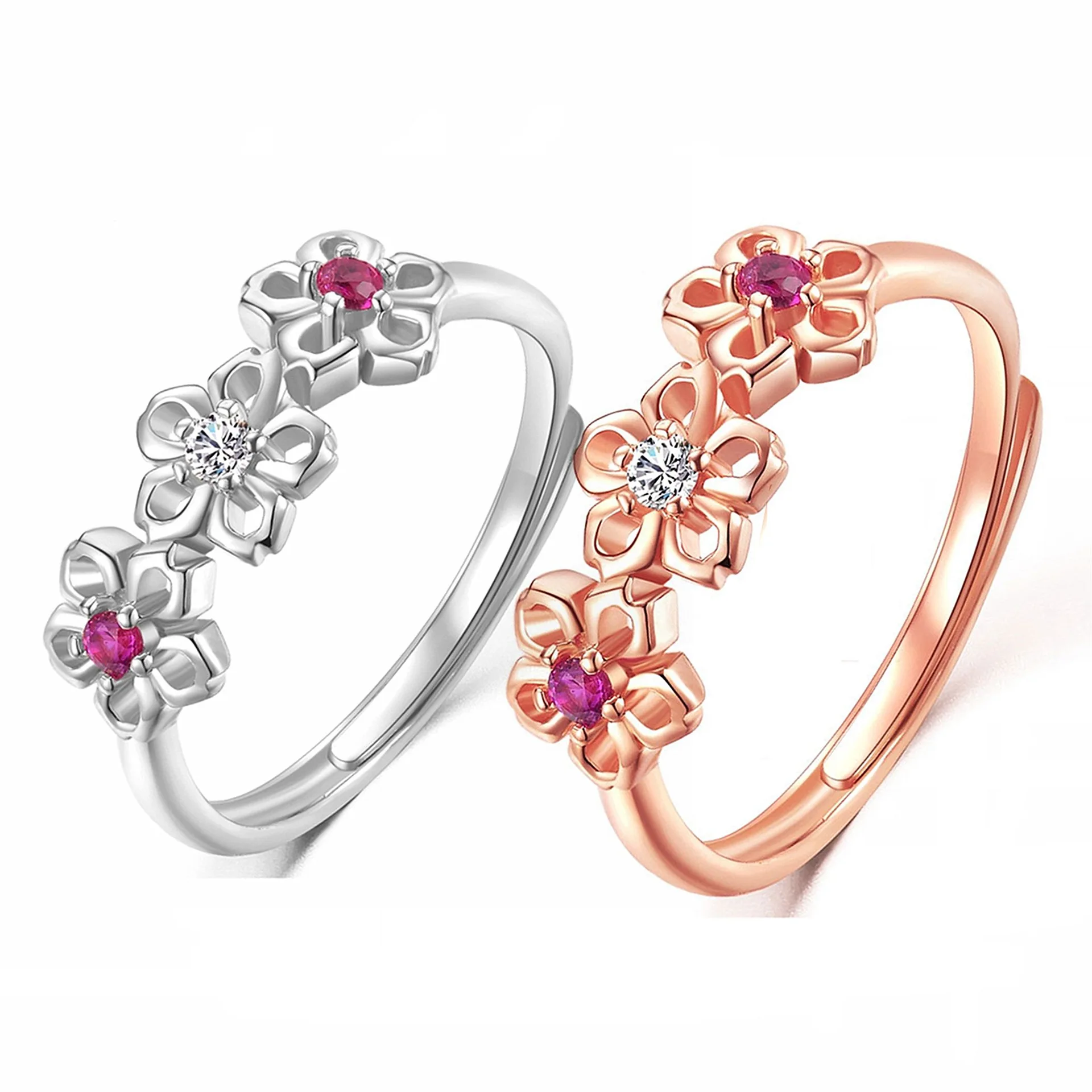 clover ring rose gold blooming plum silver ring women's flower ring