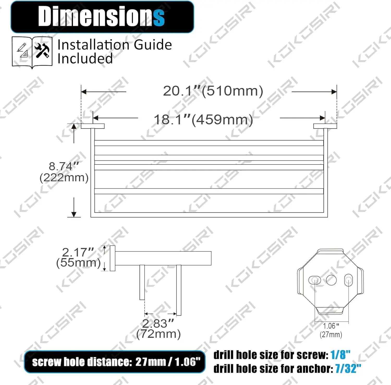 

Towel Shelf Holder 20'' Bathroom Rack with Two Bath Bars Rails SUS304 Stainless Steel Wall Mount,