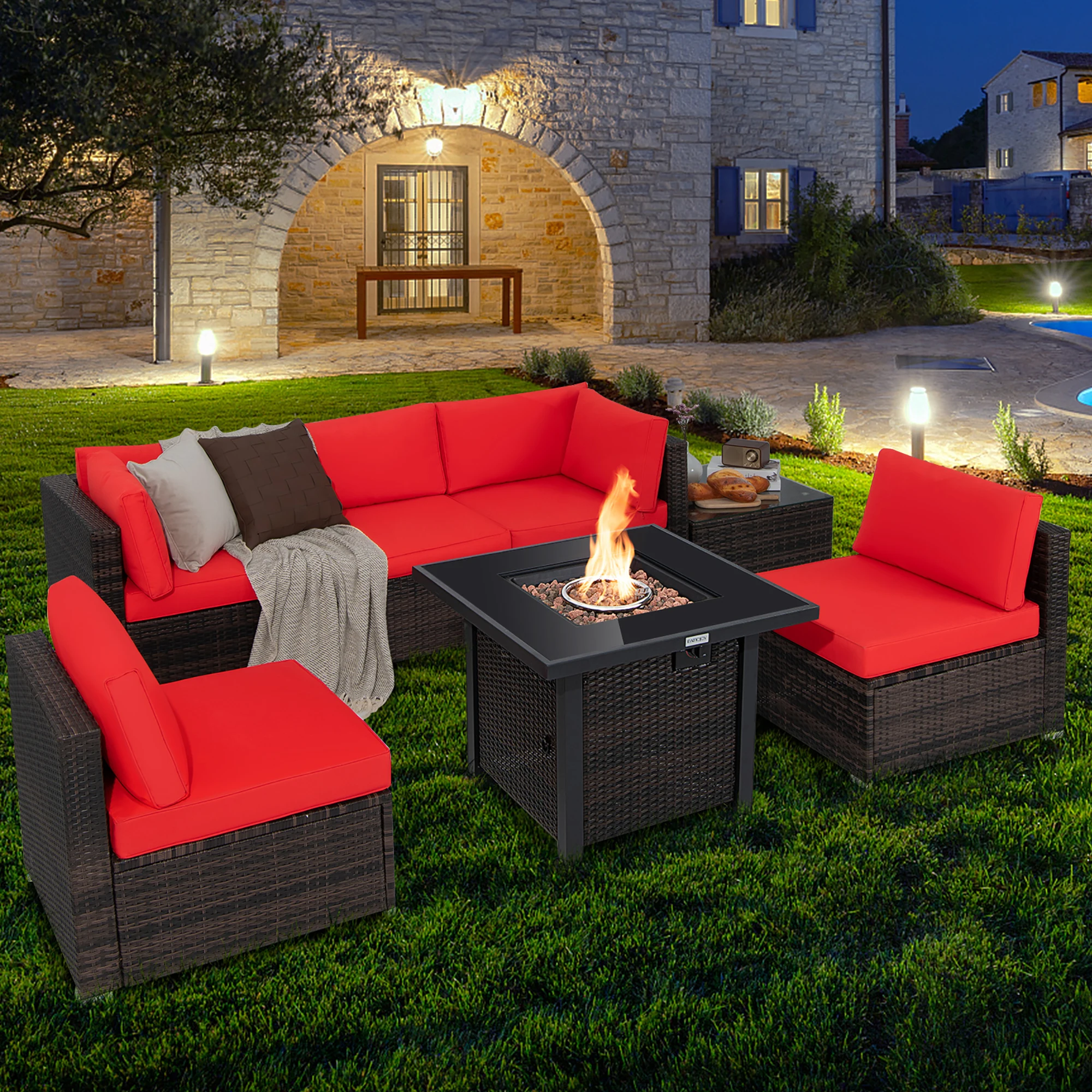 7PCS Patio Rattan Furniture Set Fire Pit Table Cover Glass Top Cushion Red