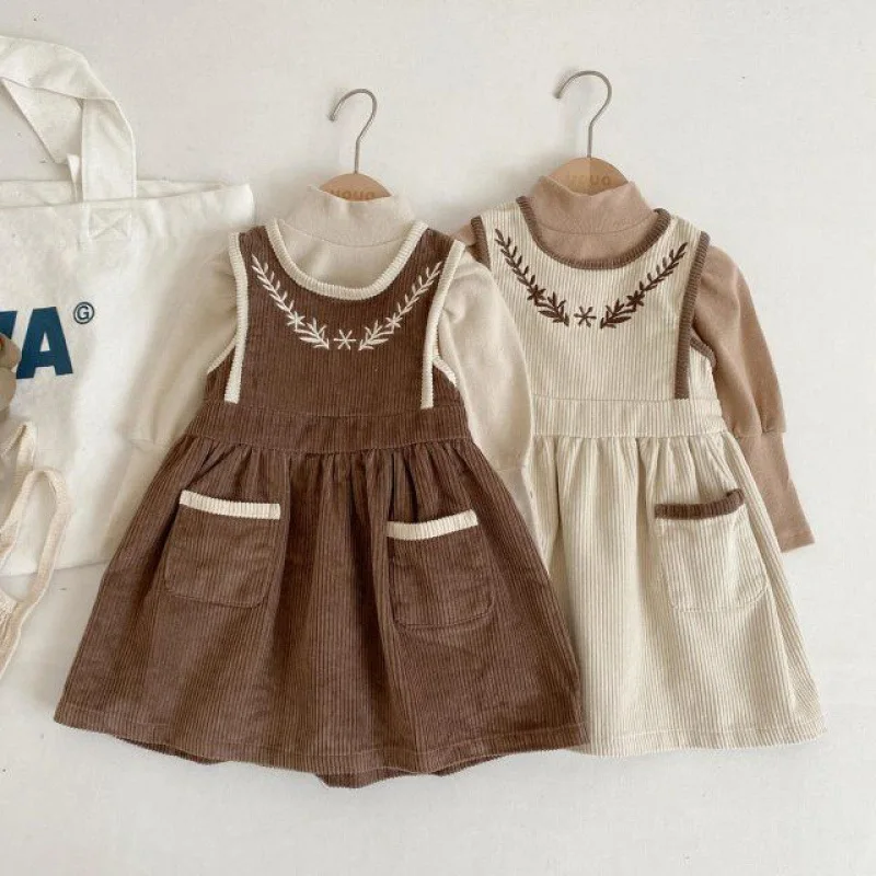 Vinatge Baby Corduroy Sleeveless Dress Autumn Winter Little Girls Sundress and Long Sleeve Tops Two Piece Set Children Dresses