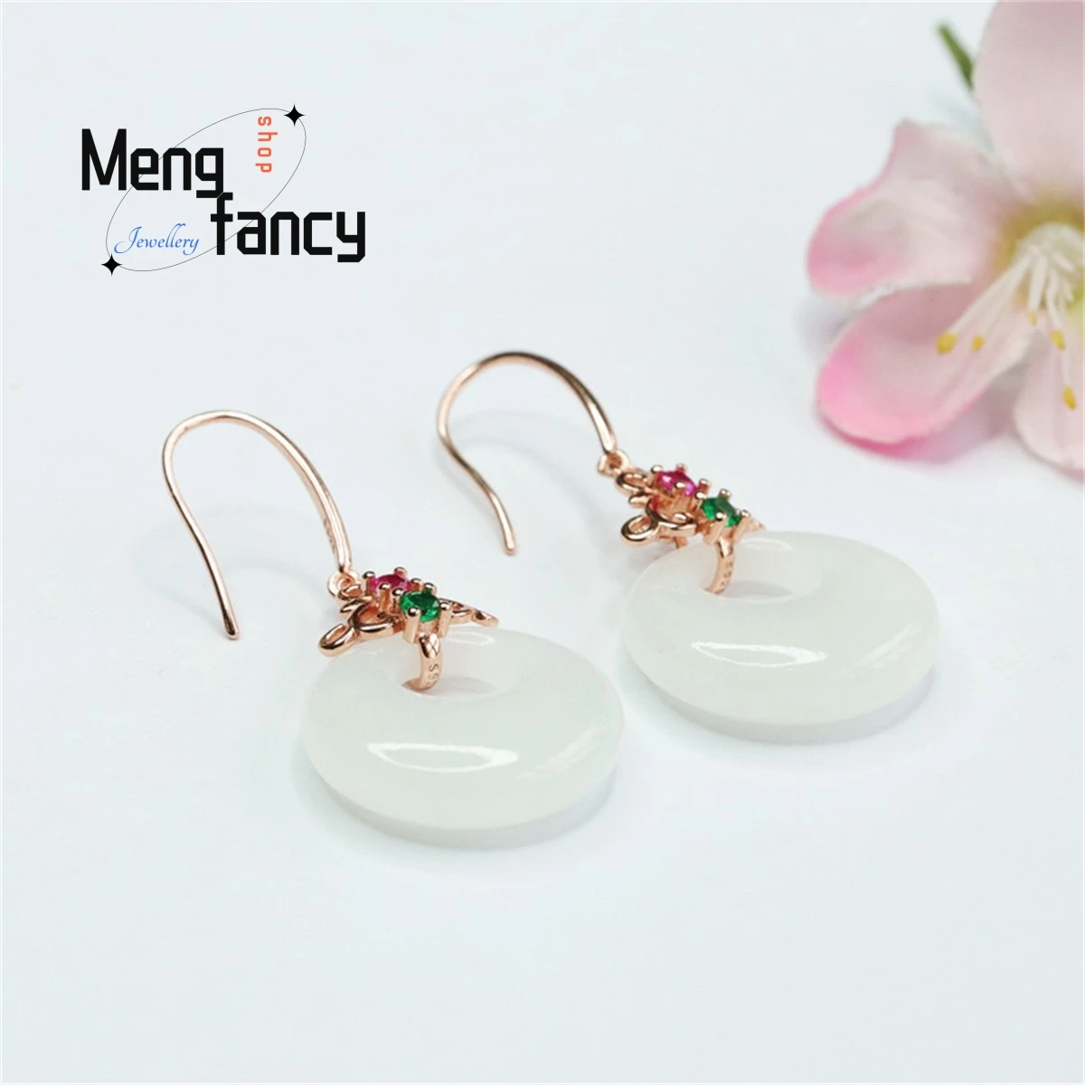 Natural S925 Silver Inlaid Hotan White Jade Princess Buckle Earring Treasure Simple Personalized Fashion Versatile Fine Jewelry