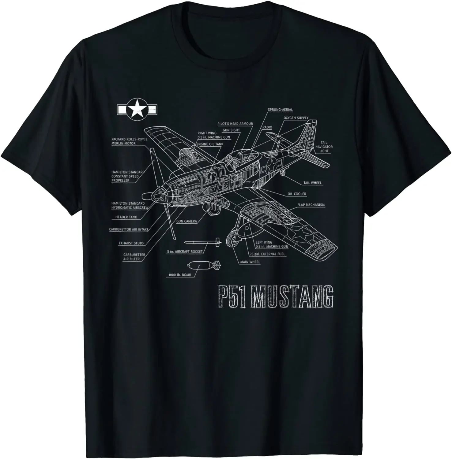 World War 2 American P51 Mustang Fighter Plane blueprint Men T-Shirt Short Casual 100% Cotton Shirts Size S-3XL