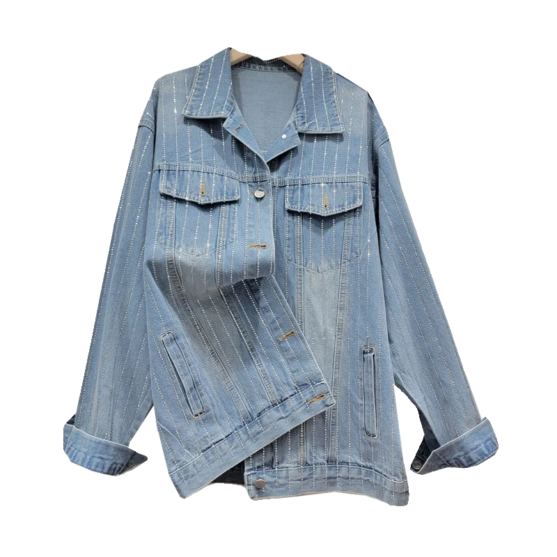 

2024 Spring New Heavy Embroidery Hot Drilling Denim Coat Women's Lapel Loose Korean Style All-Match Pink Jean Jacket Studded Top