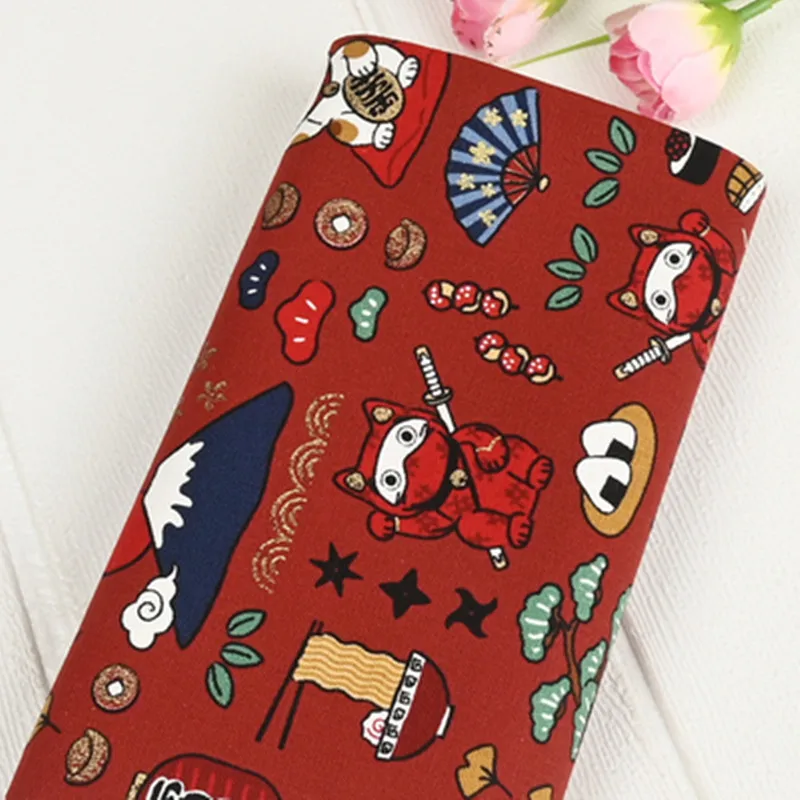 Half Yard Thicken Cotton Fabric With Japanese Soft Breeze Fortune Cat Print, Handmade DIY Bag Sewing Tissue 100% Cotton CR-1494