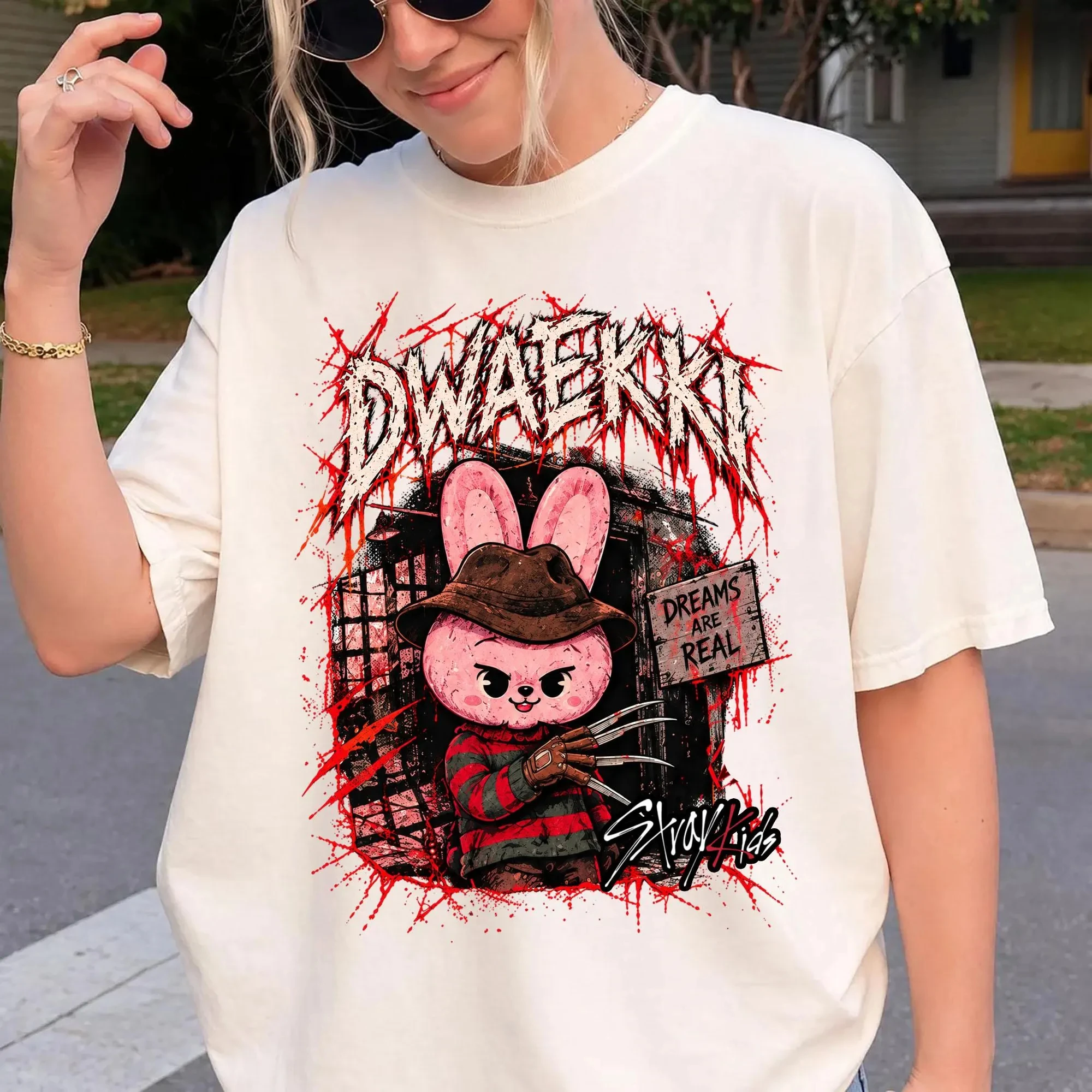 Kpop Stray Kids SKZOO Dwaekki T-shirt 2026 Halloween Freddy Cartoon Rabbit Print Oversized Short Sleeve Unisex Fans Merch Tee