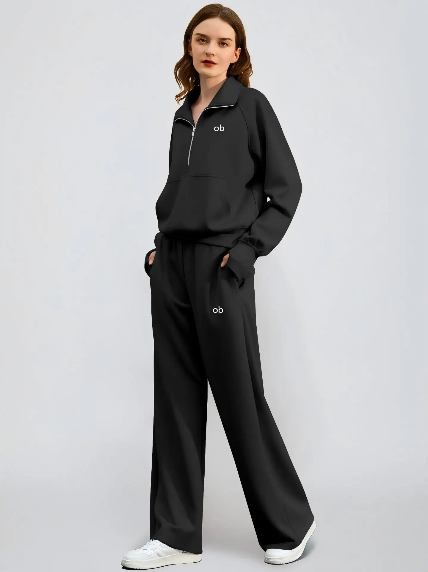 2026 New Style Fashion Women's Retro Two-Piece Set with Extra Large Half-Zip Sweatshirt and Wide Leg Sweatpants for Casual Wear view 3