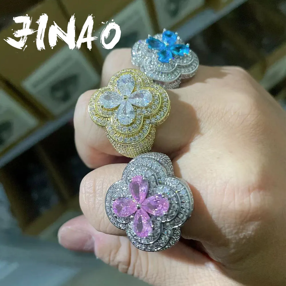 

JINAO High Quality Iced Out AAA CZ Lucky Four-leaf clover Design Cubic Zircon Ring Men and Women Jewelry For Gift