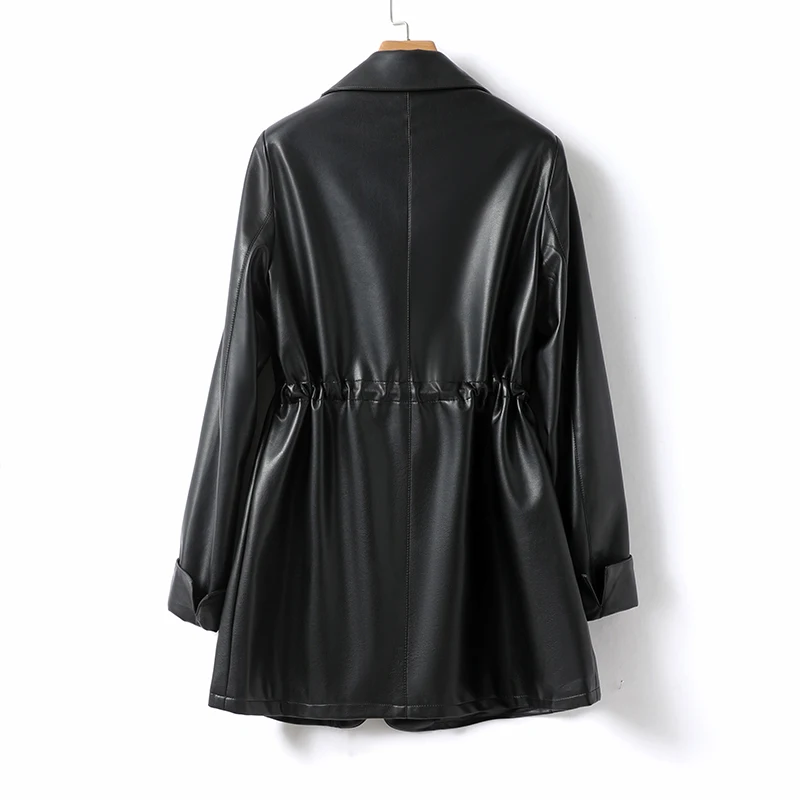 High Quality Black Real Leather Blazer Jacket for Women Fashion Button Drawstring Ladies Fall Winter Sheepskin Coats 2023