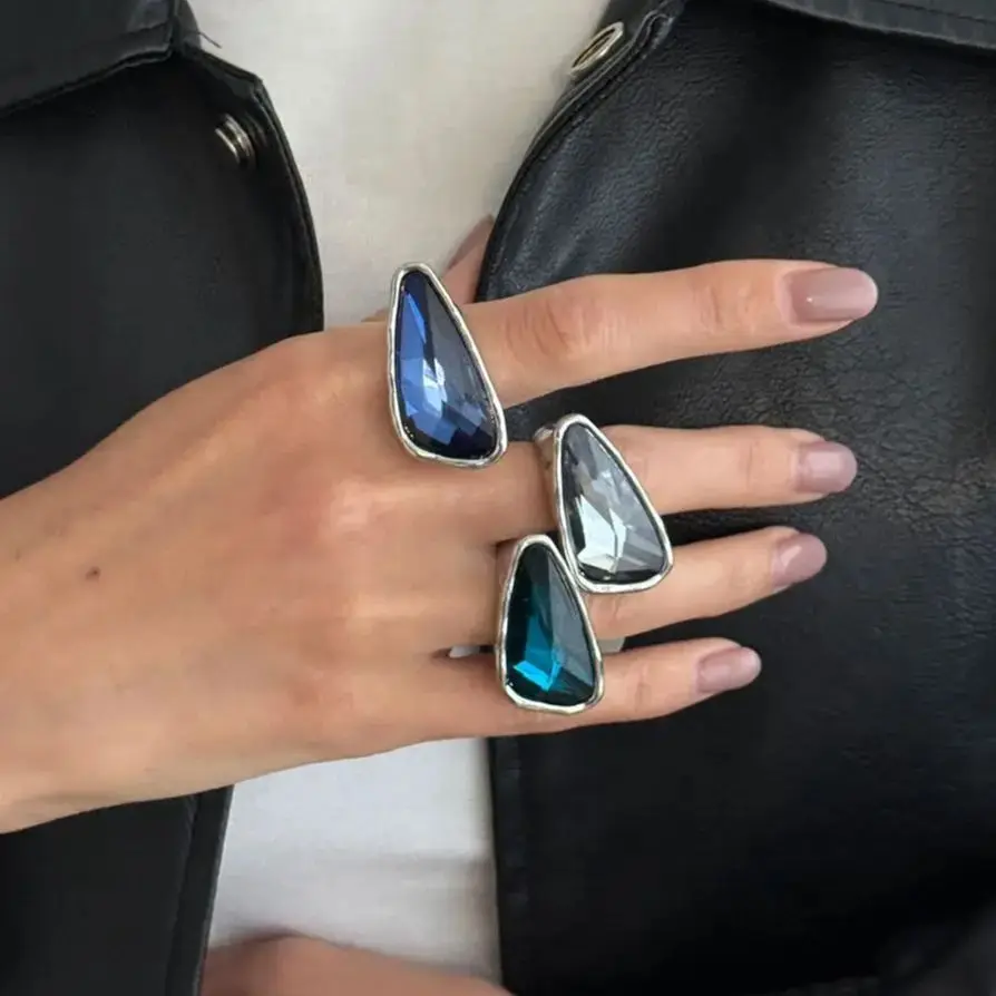 KunJoe 3 Colors Trendy Acrylic Rhinestone Triangle Open Rings for Women Simple Party Geometric Irregular Adjustable Knuckle Ring