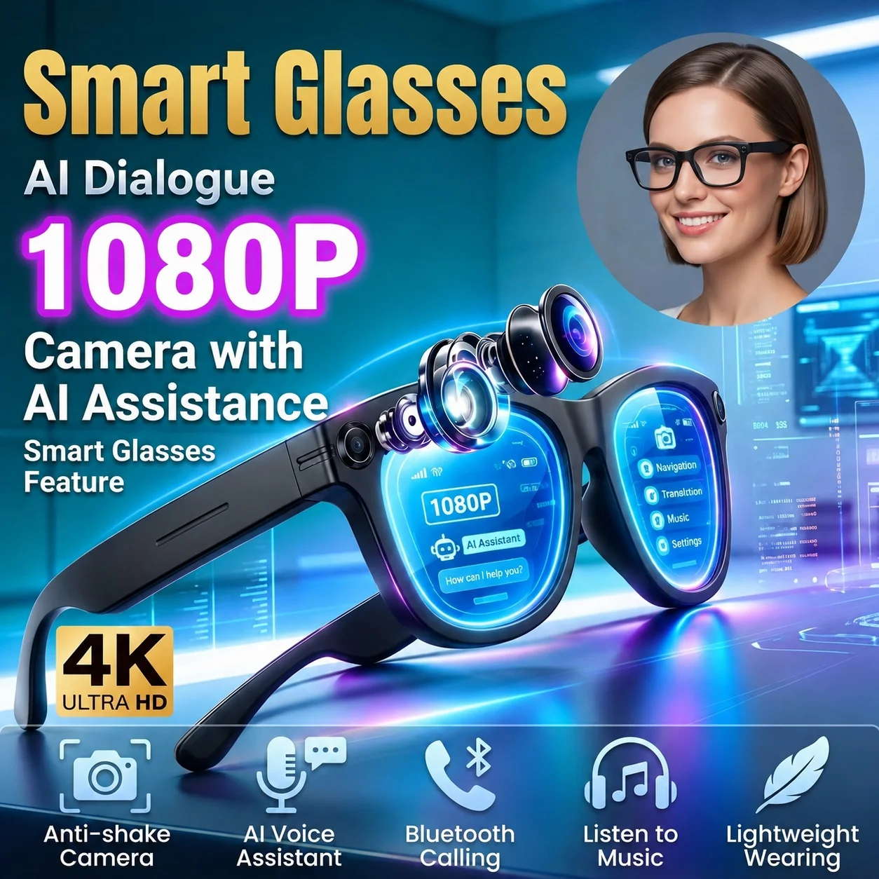 New Upgrade AI Smart Glasses 4K Photo Record Meetings Making Phone Calls Translation Men Women Blue Light Blocking Smart Glasses