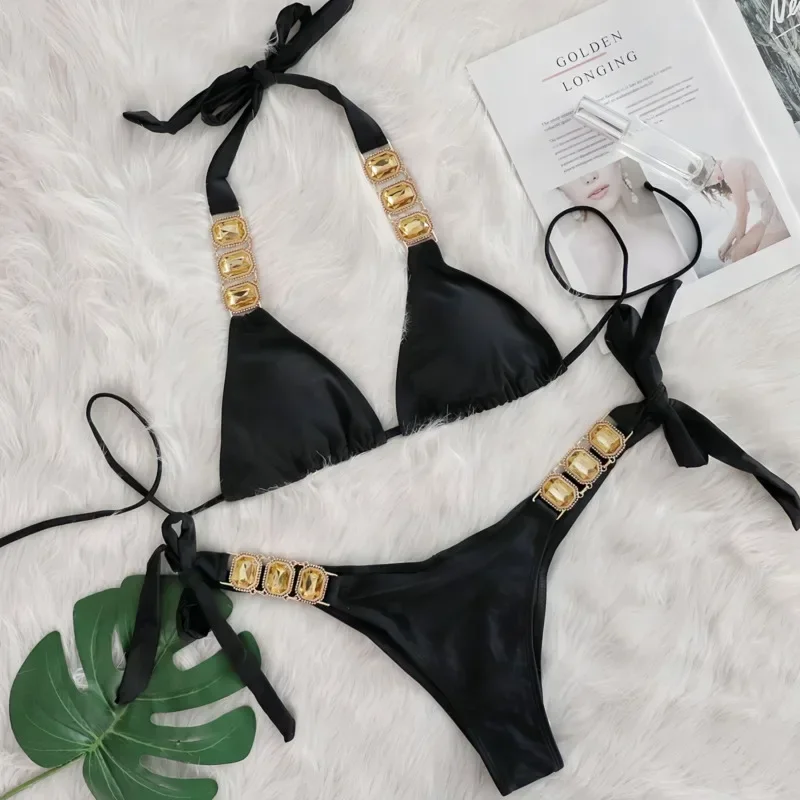 2025年新作セクシーラインストーンビキニ水着 レディース水着 女性用プッシュアップビキニ ビーチ水着 プール水着