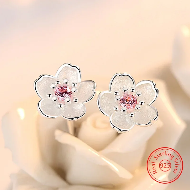 JewelryTop prawdziwe 925 srebro biżuteria kryształowa nowe kolczyki w kształcie kwiatu dla kobiet Lady
