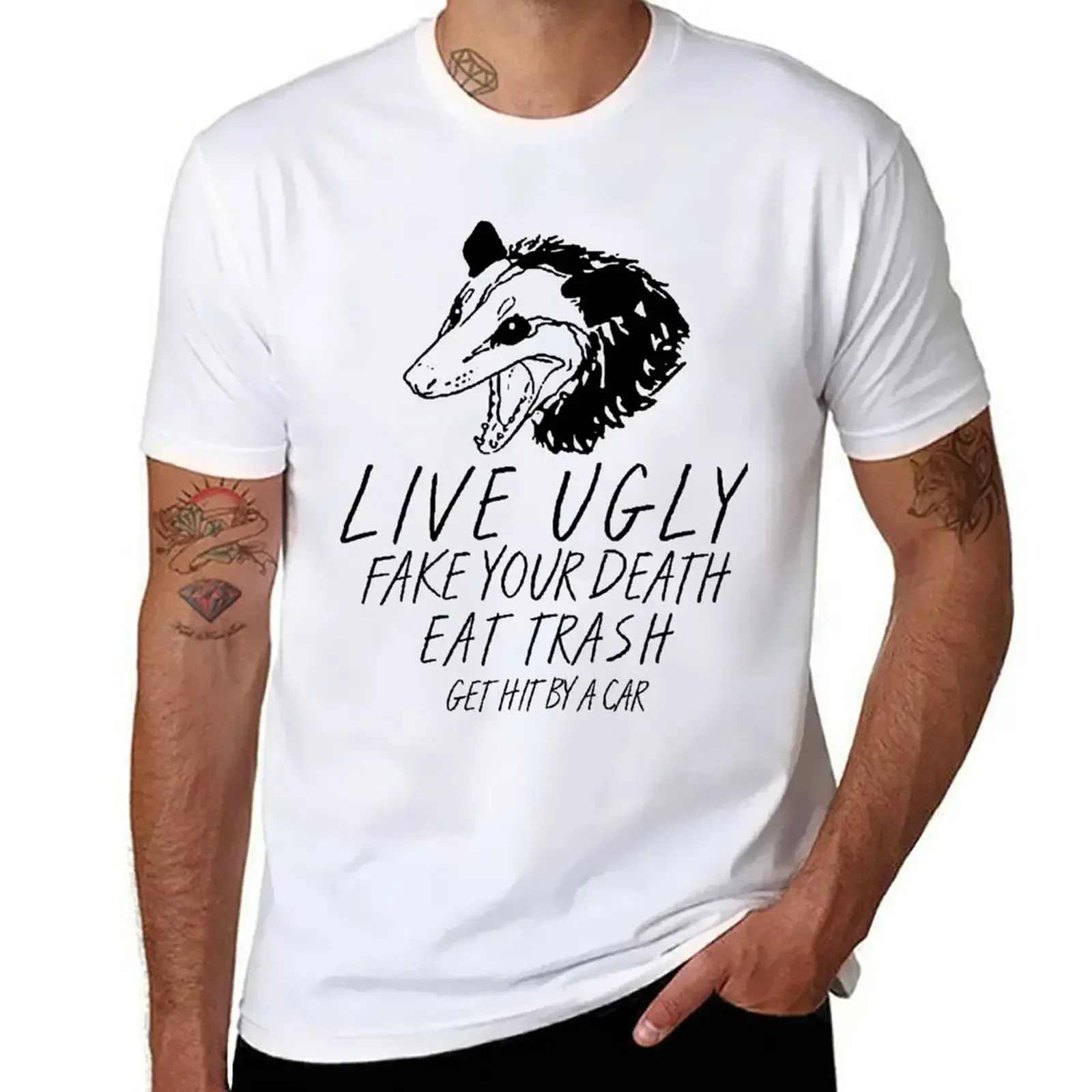 Live Ugly Fake Your Death Eat Trash Get Hit By A Car Opossum T-Shirt Oversized Blouse Boys Whites Men's Cotton T-Shirt