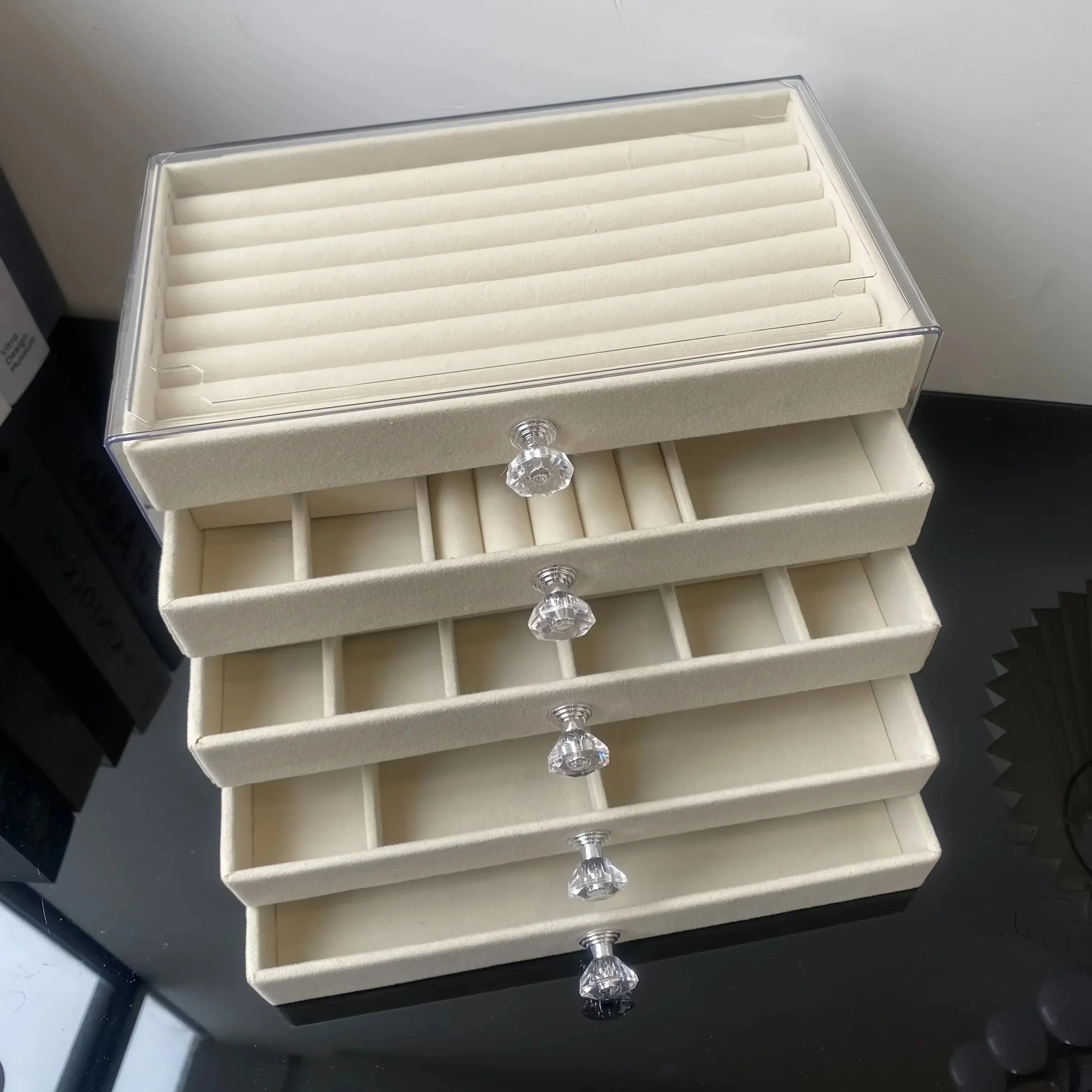 5Tier Dust-Proof Acrylic Jewelry Organizer Box, Elegant Modern Rectangular Tabletop Display Case  jewelry boxes and packaging
