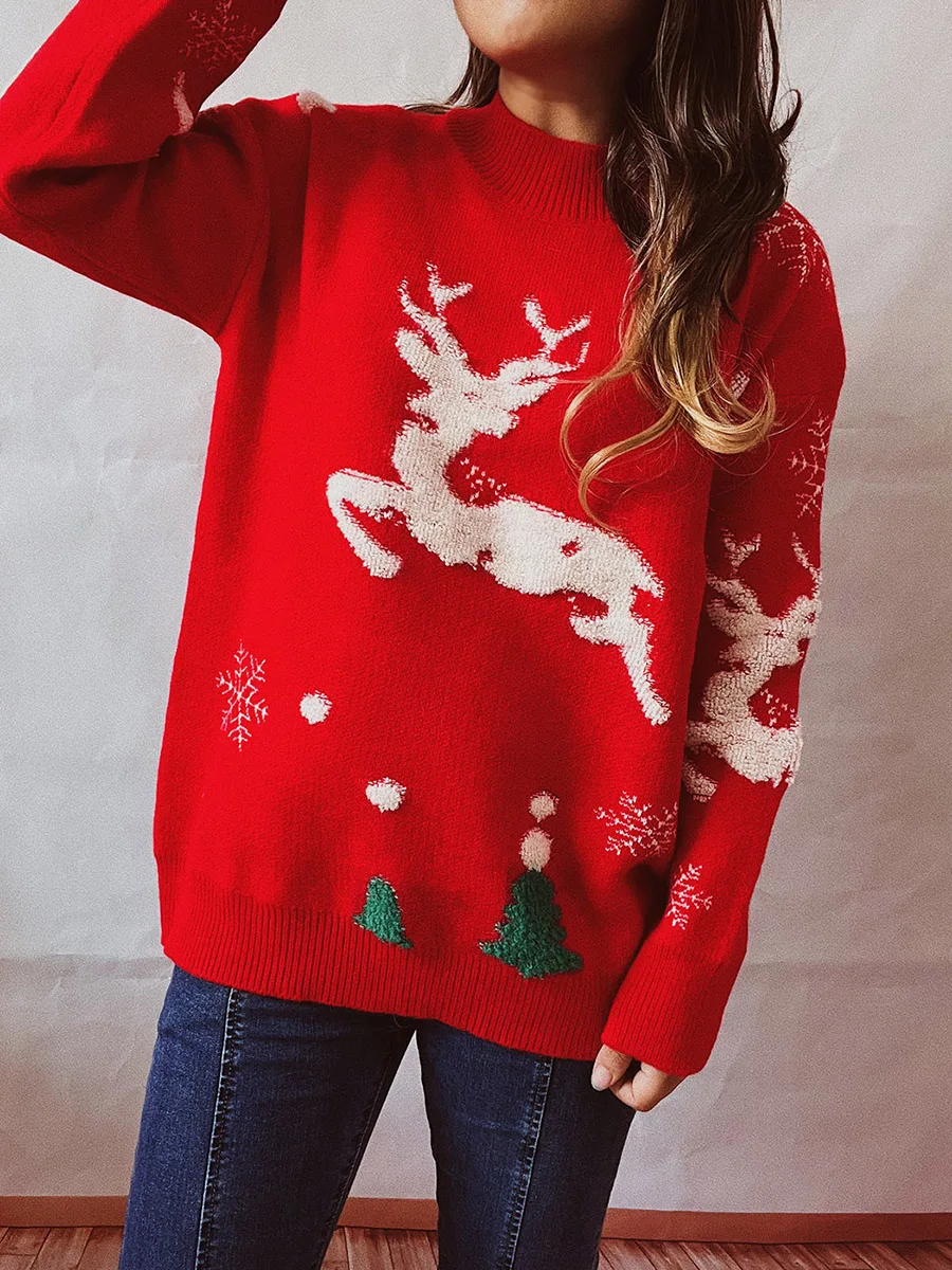 Women\'s Christmas Tree Fawn Knit Sweater Women\'s Elk Pattern Small Turtleneck Long Sleeve Knit Winter Wear Red/Black S/M/L/XL