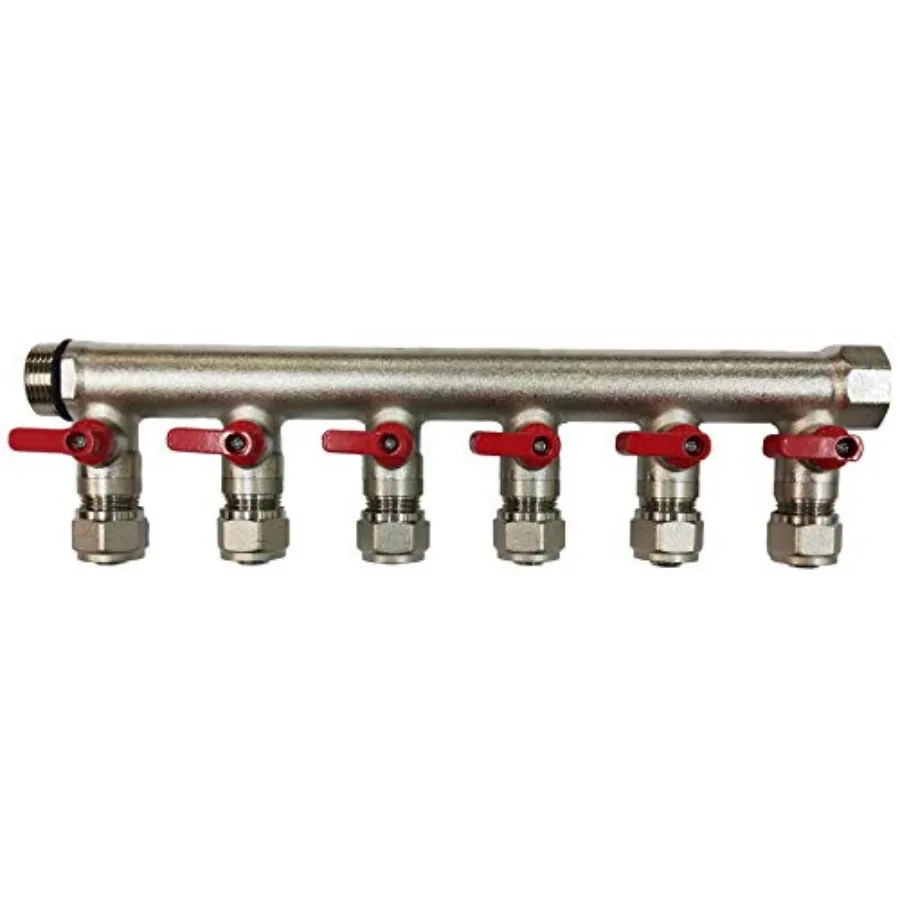 

6-контурный сантехнический коллектор с 1 основной линией подачи и шаровыми кранами PEX 1/2 с красными ручками для эффективных жилых помещений и сотрудничества.