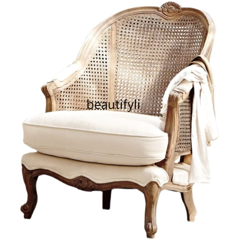 Wood Carved Rattan Single Sofa Rattan Vintage Bed & Breakfast Removable and Washable Wingback Chair