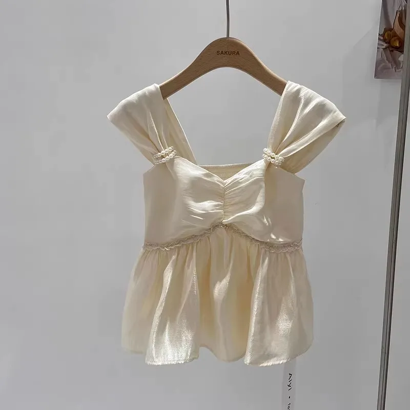 2024 Korean Edition Elegant Chiffon Doll Shirt Women's Summer New High Quality Waistband Pearl Panel Ruffle Edge Sexy Sling Vest