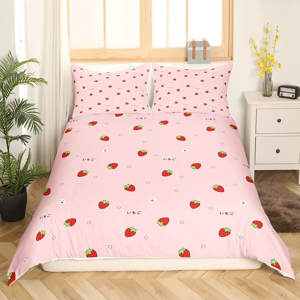 

Girls Strawberry Bedding Sweet Strawberry Duvet Cover for Kids Pink Cute Cartoon Fruit Food Theme Girly White Floral Room Decor