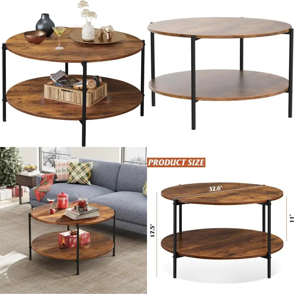 

Two-Tier Circular Wood Coffee Table with Storage Shelf, 32.6 for Living Room and Apartments