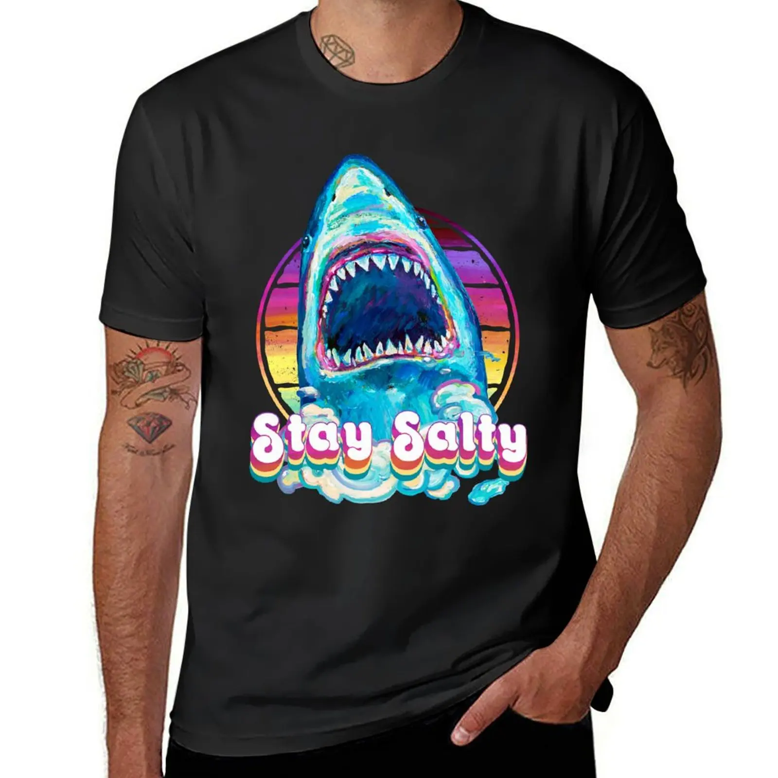 

Stay Salty Retro Great White Shark by Robert Phelps T-Shirt korean fashion kawaii clothes summer tops customizeds men clothes