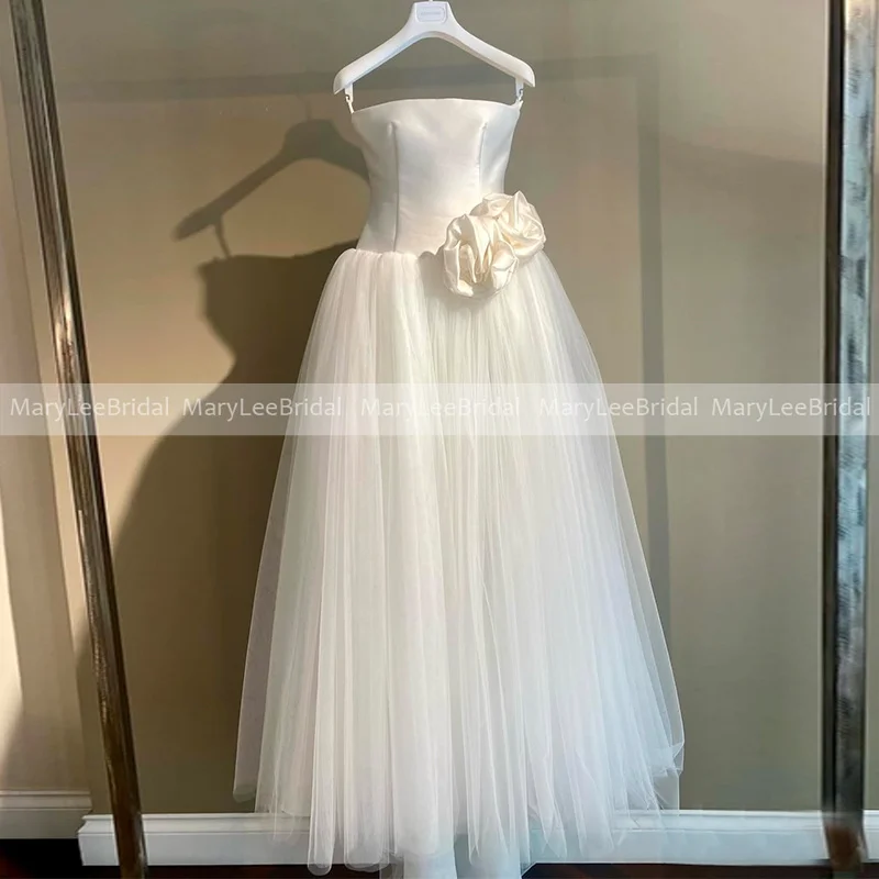 Minimalism A-line Wedding Dress with Handmade Satin Flowers Strapless Full Length Ivory Bridal Gown vestidos de novia Customized