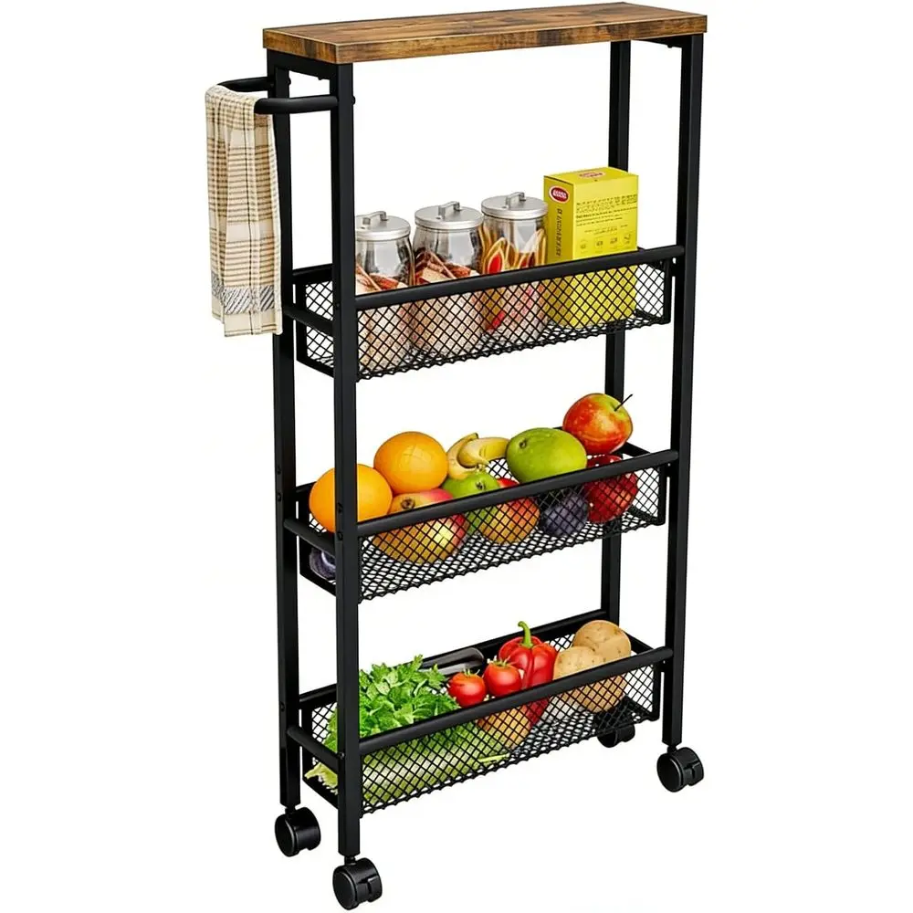 

Slim Rolling Cart 4 Tier Narrow Storage Cart on Wheels with MD Board Top and Metal Handle or Small Space Kitchen Living Room