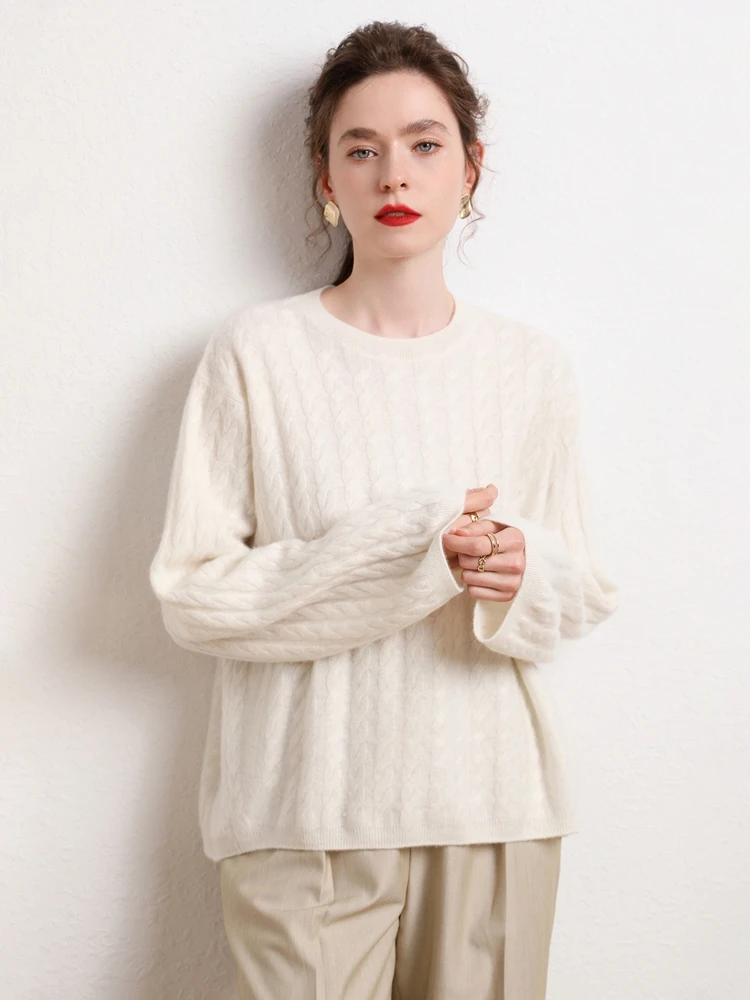 

Light Luxury 100% Cashmere Women's Sweater Loose Autumn Winter Female Knitwear Striped Pullover Lady Long Sleeve Clothing Tops